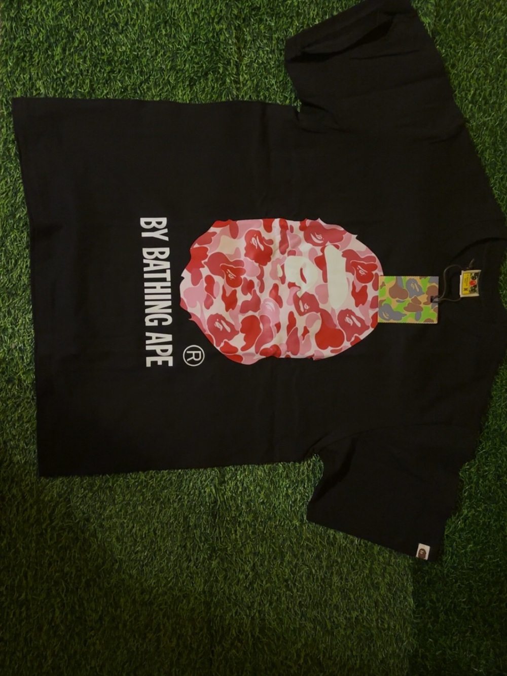 A Bathing Ape Kids' Black Graphic Tee with Pink Camo Ape Head